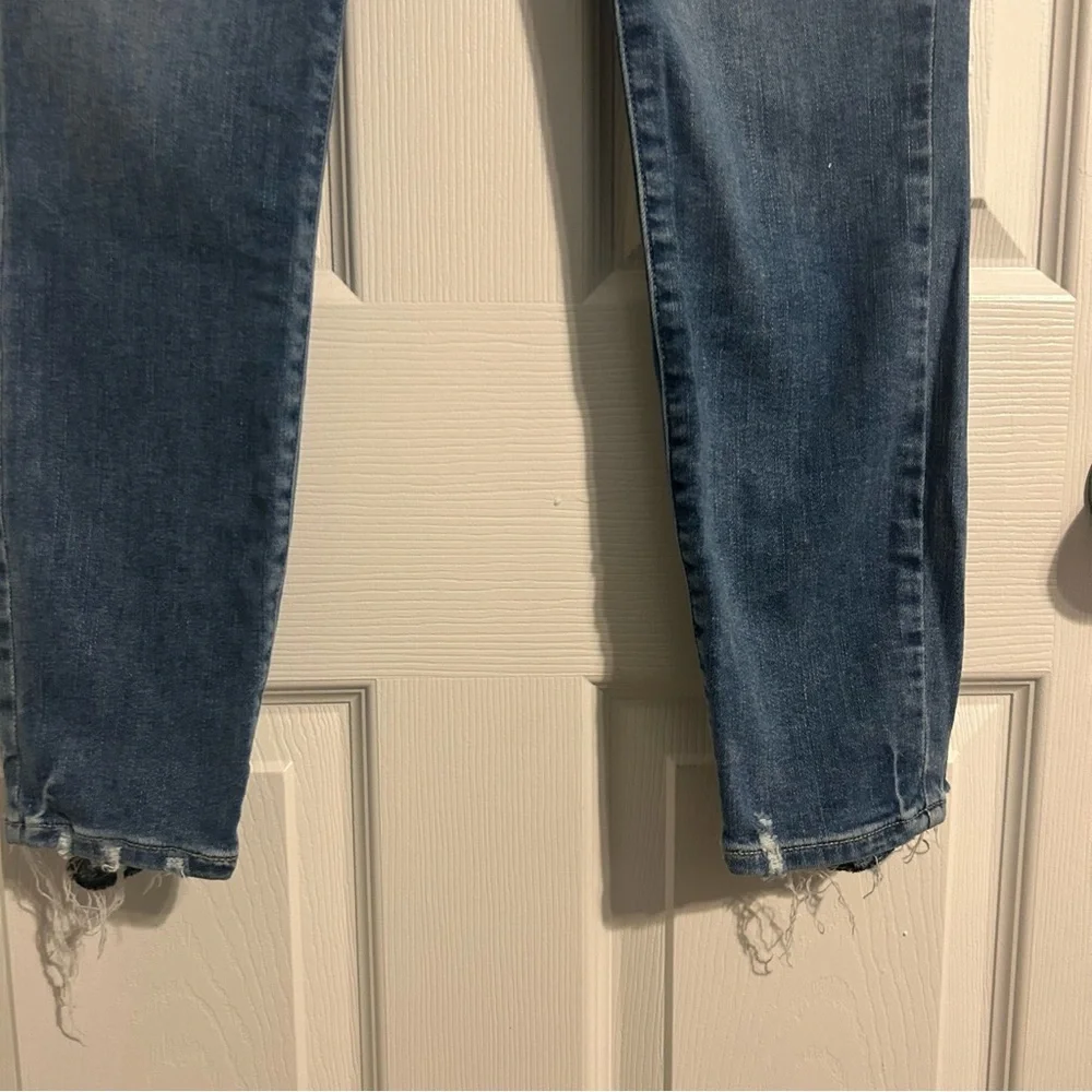 Paige Dark Wash Blue Skinny Crop Jeans Raw Distressed Hem